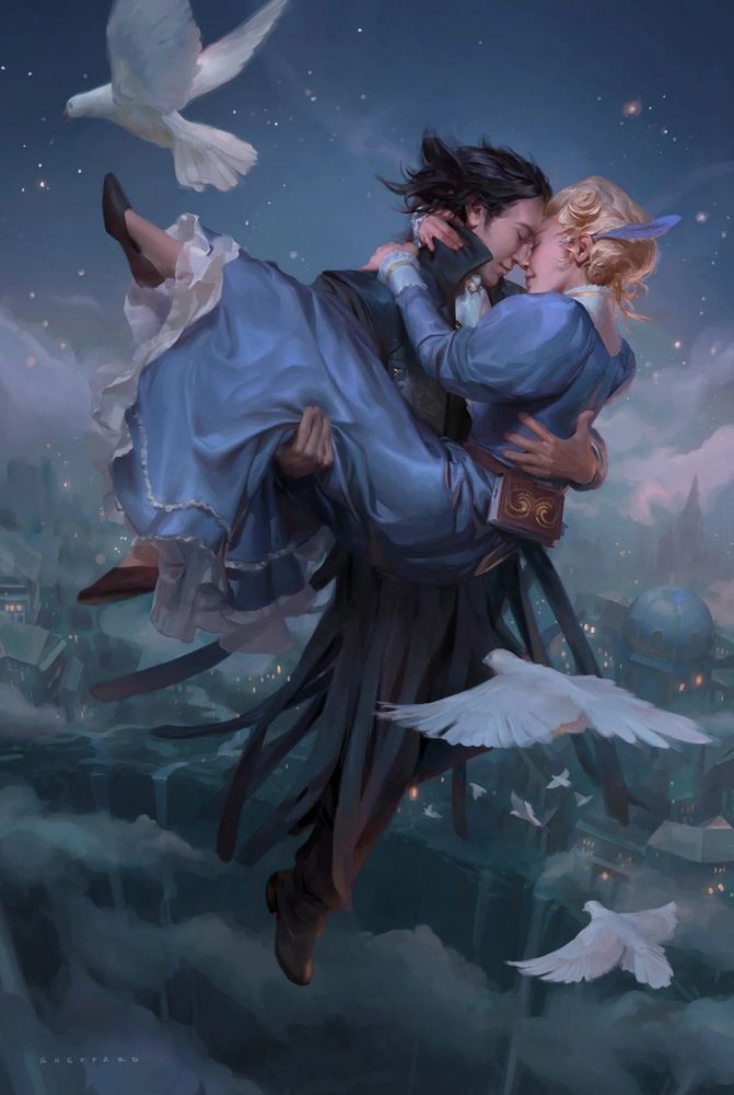 Ilustração de Cynthia Sheppard de um casal voando enquanto se abraça 