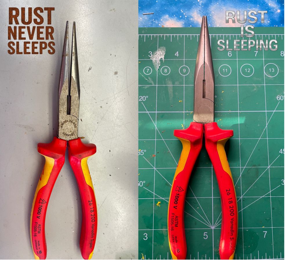 Result of rust remover - 1 liter of water, add 40g of soda washing powder and 100g of citric acid powder - 10-20 minutes. Picture shows before and after. 