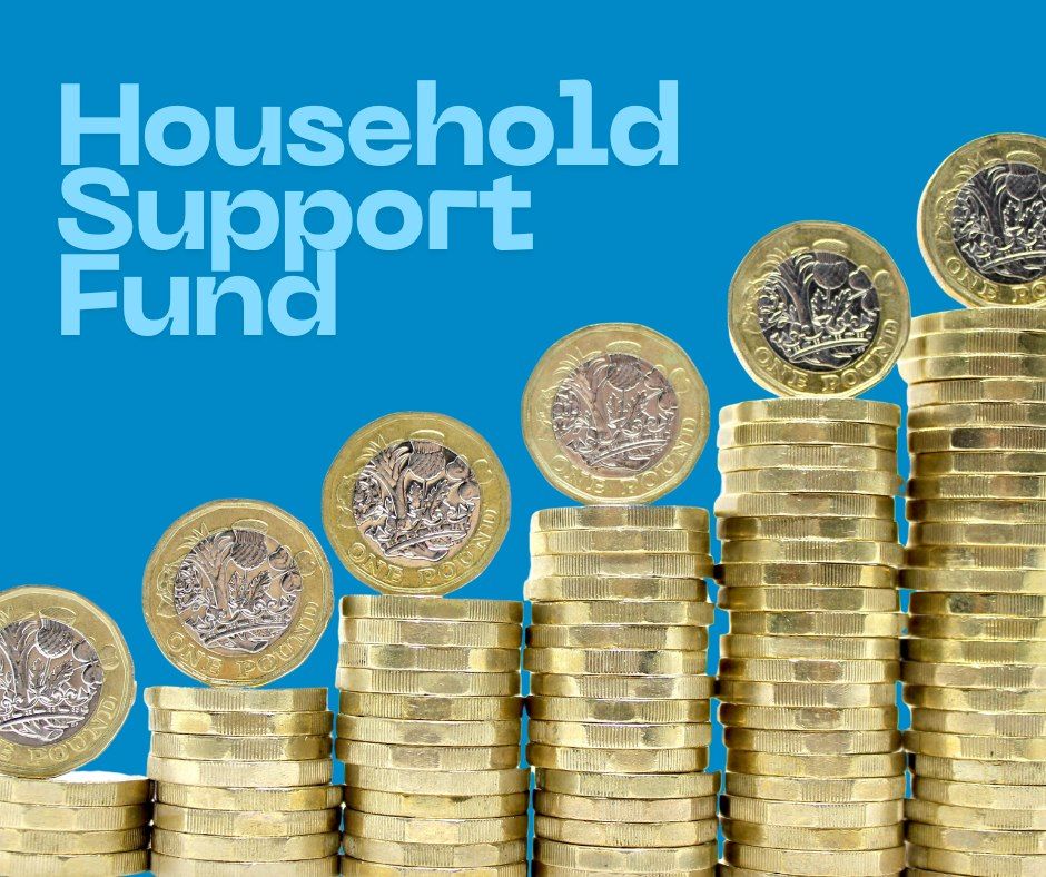 Image shows coins stacked up an text over image that reads: 'Household Support Fund'