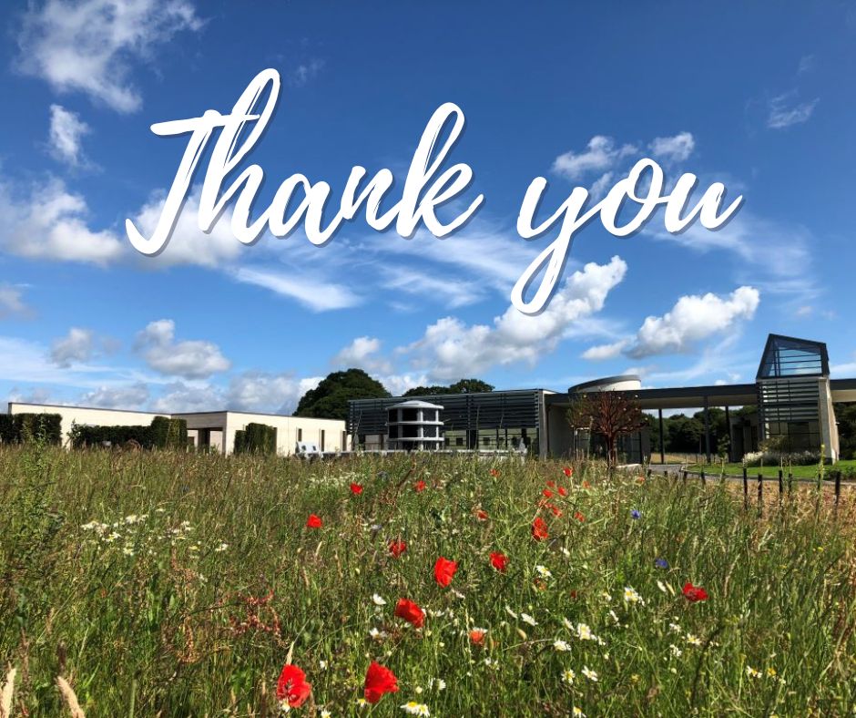 Image shows Wealden Crematorium, East Sussex. Text over image reads 'Thank you'