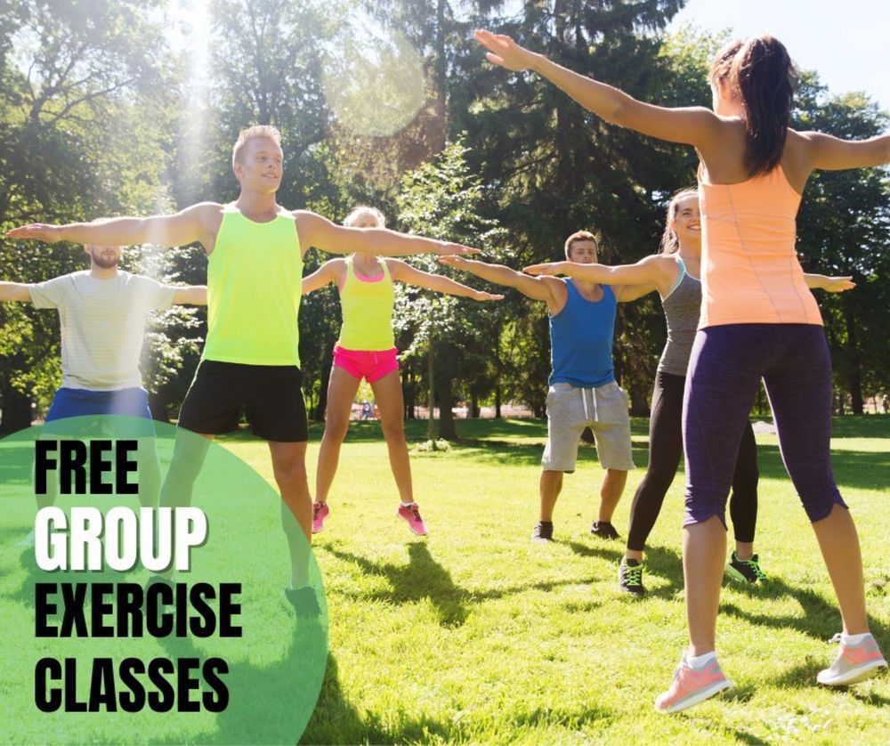 Image shows an outdoor exercise group. Text over image reads 'Free Group exercise classes'