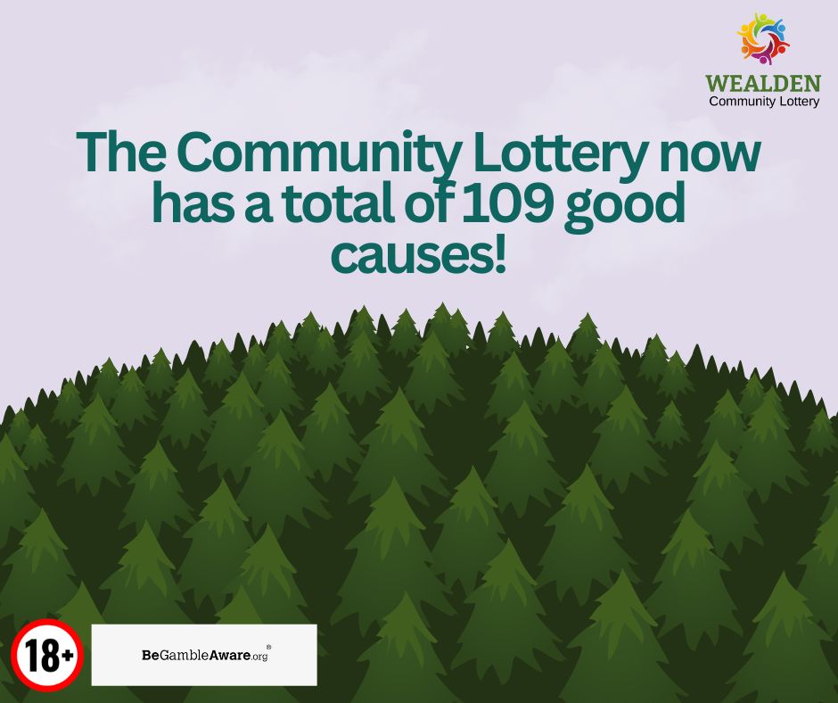 Image shows cartoon graphic trees, text reads: The Community Lottery has 309 good causes!'