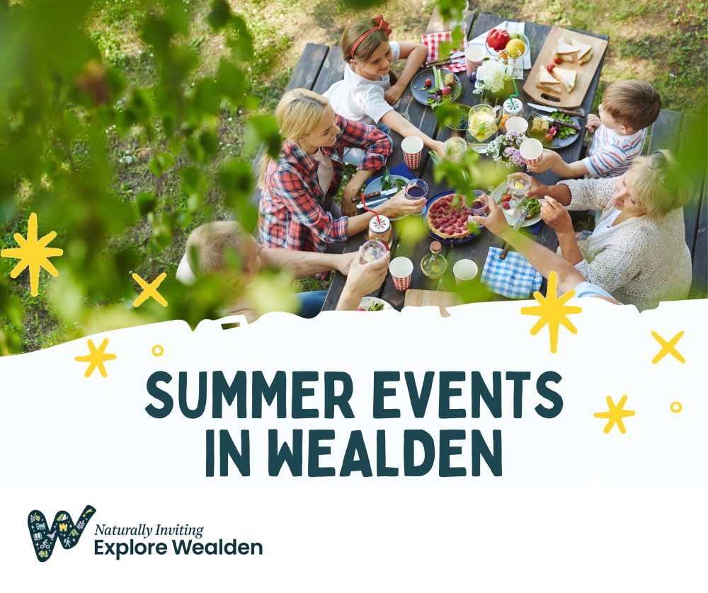 Image shows a family having a picnic in summer. Text over image reads: 'Summer Events in Wealden'