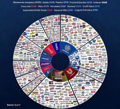 “these 12 companies together own more than 550 brands” arranged sort of like a pie chart that resembles an eye, iris, and pupil