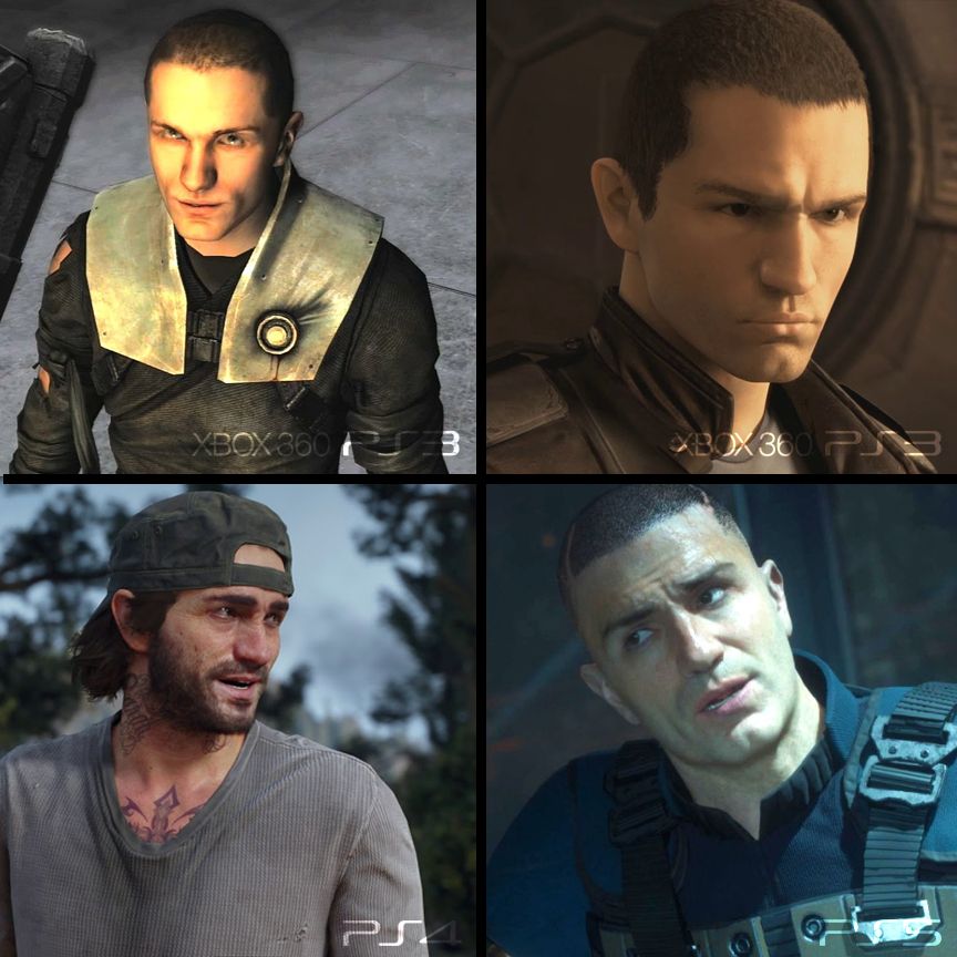 Video game renditions of Sam Witwer. From top left, Star Wars: The Force Unleashed (in-game model, PS3/Xbox 360), Star Wars: The Force Unleashed II (cutscene, PS3/Xbox 360), Days Gone (PS4), The Callisto Protocol (PS5)