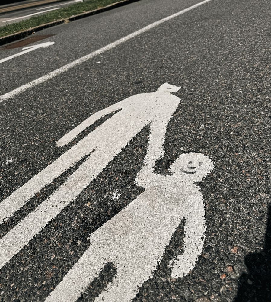 Walking to the grocery store, I noticed someone'd put faces on the pedestrian-walk-here paint.