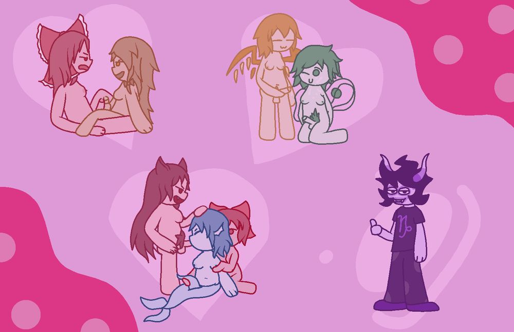 A Whole Lot Of F-Slur-Attry

* reimu and marisa frotting. reimu seems annoyed while marisa is into it
* wakasagihime sucking kagerou off as she holds her head. sekibanki is behing wakas holding her dick and boob. Wakas' penis is like a tentacle kinda because i find those real cool
* flandre jorking off and busting a fat one on koshi. They are both autisticly smiling

In the midst of all this is Gamzee Makara of Homestuck Fame. he is giving a thumbs up of approval.