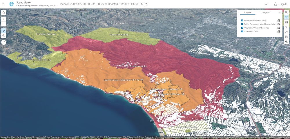 Interactive 3D map that shows Palisades Fire perimeter, evacuation zones.

Pan/ zoom map to see location of the fires in relation to other areas of Los Angeles, inc Santa Monica, Malibu & San Fernando Valley.