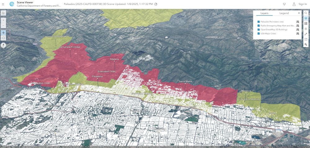Interactive 3D map that shows Palisades Fire perimeter, evacuation zones.

Pan/ zoom map to see location of the fires in relation to other areas of Los Angeles, inc Santa Monica, Malibu & San Fernando Valley.