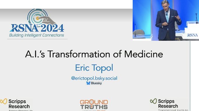 Dr Eric Topol overlayed on his title slide for the RSNA keynote today showing only his BlueSky social media handle. Twitter is conspicuously missing. 