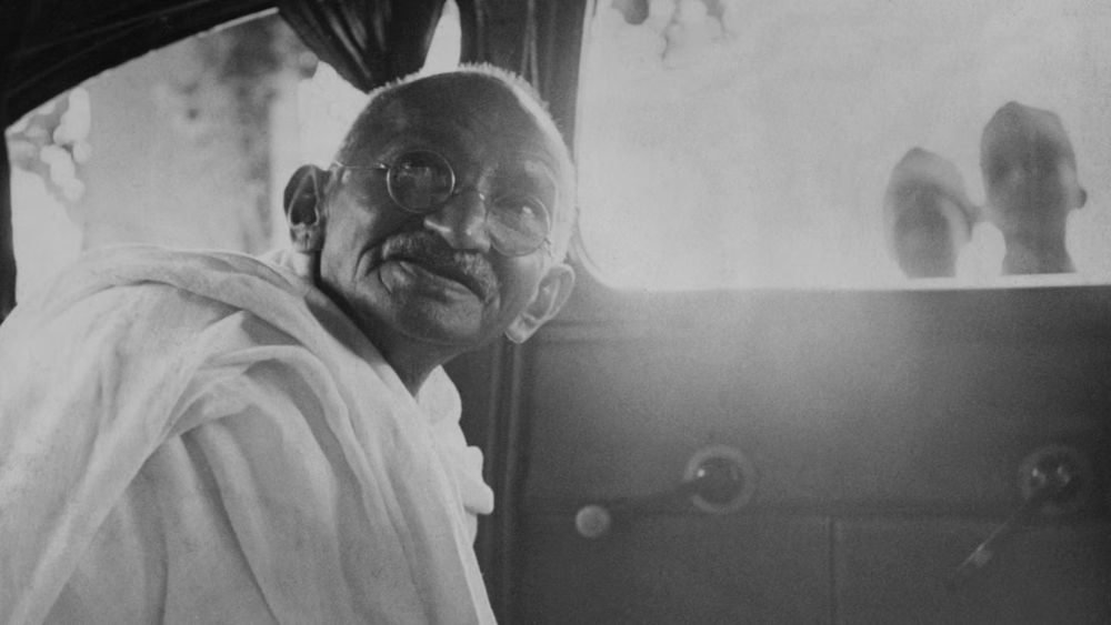 Black and white picture of Mahatma Gandhi
