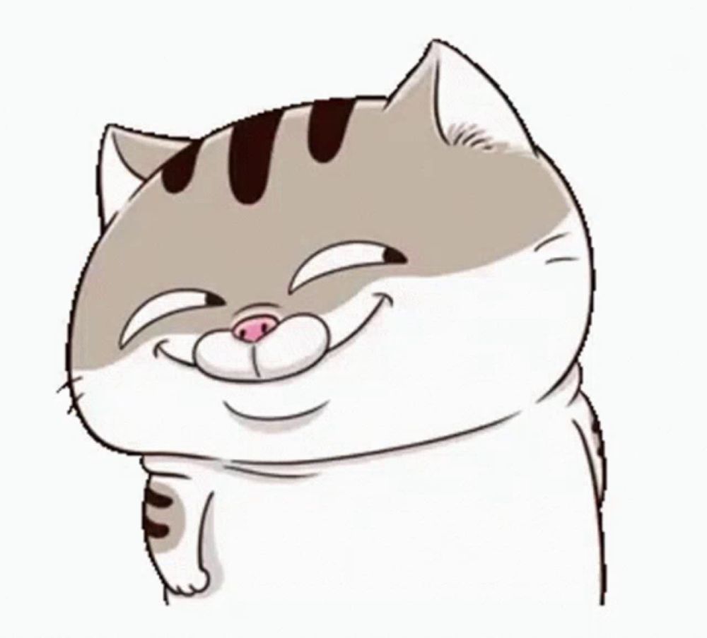 a cartoon cat is smiling with its eyes closed and a pink nose .