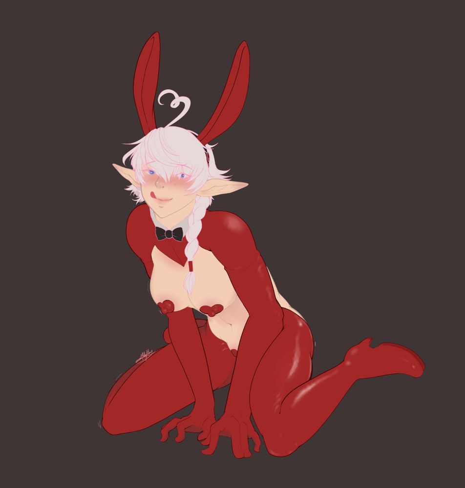 Alisaie in a reverse bunny suit. Open torso, latex sleeves and hip high boots, and pretty much pasties on both her breasts and crotch.