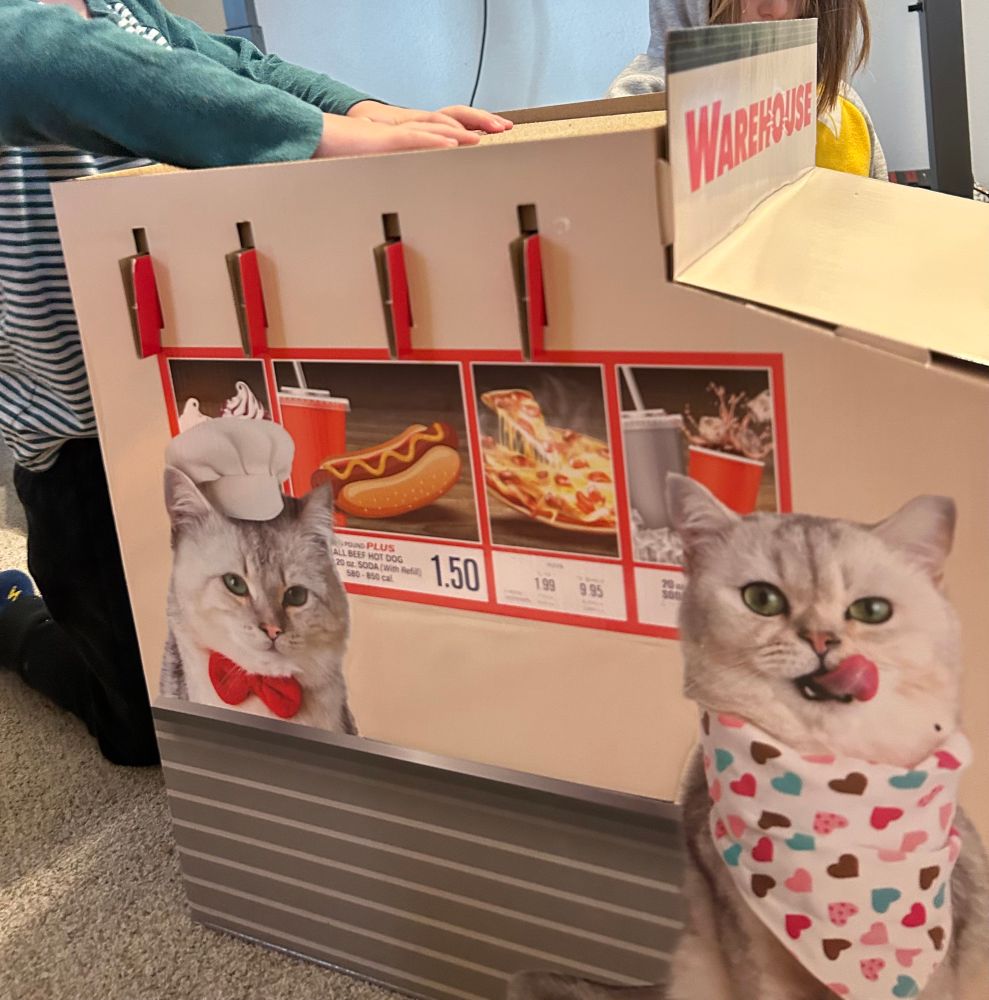 Cat in a little chef hat on a box with Costco food pictured behind it just like Costco, with another cat in a heart bandana licking its lips 