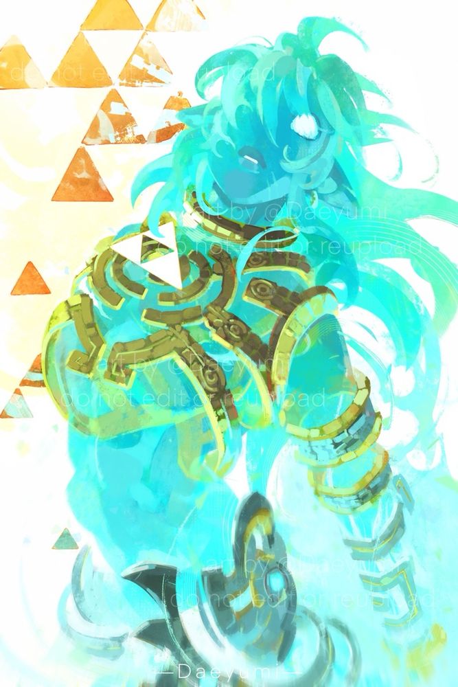 A digital painting of a ghostly Link from Tears of the Kingdom, encased in the construct pieces from the end of the Hyrule Warriors: Age of Imprisonment trailer. He stares toward the viewer, single white eye visible in his teal, intangible form. Link is silhouetted against a white background, with golden triangles in the upper left corner. A triforce in white negative space hovers directly over the center of his chest.