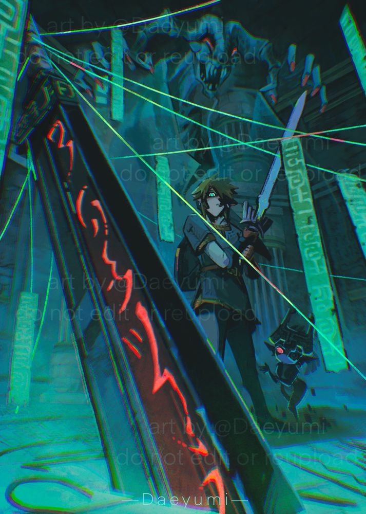 A digital painting of the Death Sword miniboss room from Twilight Princess. The massive sword protrudes from the center of the floor in a darkened room, emitting a green glow which illuminated its surroundings. Green strings hung with paper talismans tether the sword to the floor, and Link raises his sword as if to sever one as he steps closer; Midna in her shadow form appearing from the ground at his feet. Behind Link, the ghostly spirit of Death Sword raises its claws and smiles as it, too, prepares to strike.
