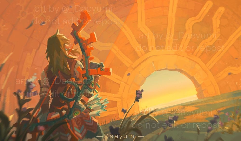 Link stands with his back to the viewer inside one of the giant floating orbs in Tears of the Kingdom’s sky. The sun pattern on the stone wall around the edge of the entrance to the orb frames a view of the sunrise in the sky outside.