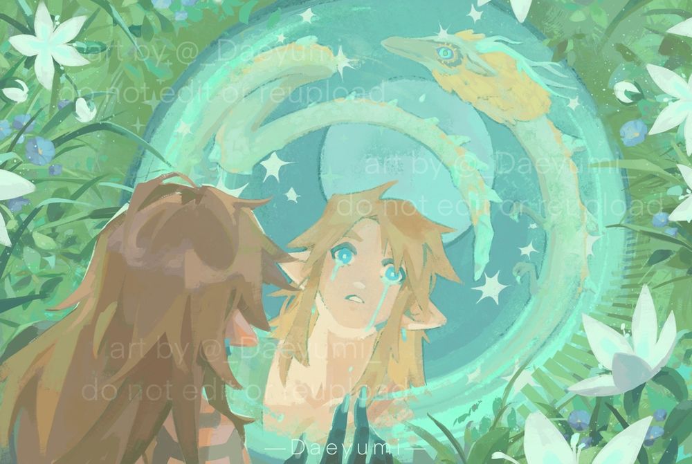 Link crouches over a small pool of water that houses one of the memories in Tears of the Kingdom, looking at his reflection. Around the pool, grass and plant life grows, including several Silent Princess flowers. The reflection in the pool shows  the Light Dragon against a sky with stars and a full moon, as well as Link’s own face reflected back at him. He is crying.