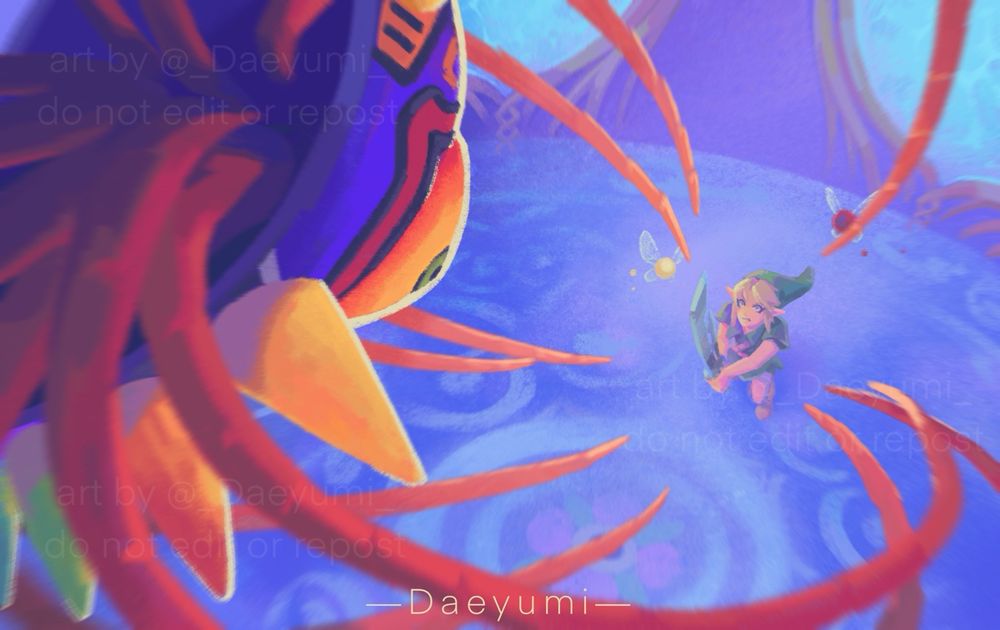 A digital painting of the first phase of the final boss battle in Majora’s Mask. The viewer sees the scene from above, hovering just behind Majora’s Mask as it faces Link in battle, pointing red streamers at him. He draws his sword in response, looking up at the mask with a fierce expression; Tatl and Tael beside him.