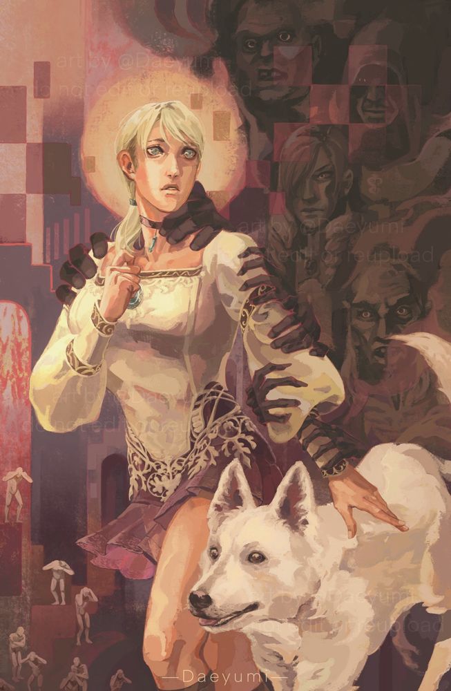 A digital fanart painting of the ps2 game Haunting Ground. Fiona steps out from a dark background, one hand to her chest and the other resting on Hewie’s back, who walks beside her. Fiona has a worried expression on her face, looking past the viewer & to the right. Intangible hands grasp at her from the darkness, clutching at her arm, shoulders, and neck. The faces of the stalker enemies from the game emerge from the gloom; Debilitas, Daniella, Riccardo, and Lorenzo; their eyes glowing faintly in the dark. The left side of the background contains abstracted shapes reminiscent of the architecture in Castle Belli. The color scheme is muted, featuring dark purple and mauve hues along with warm off white tones.
