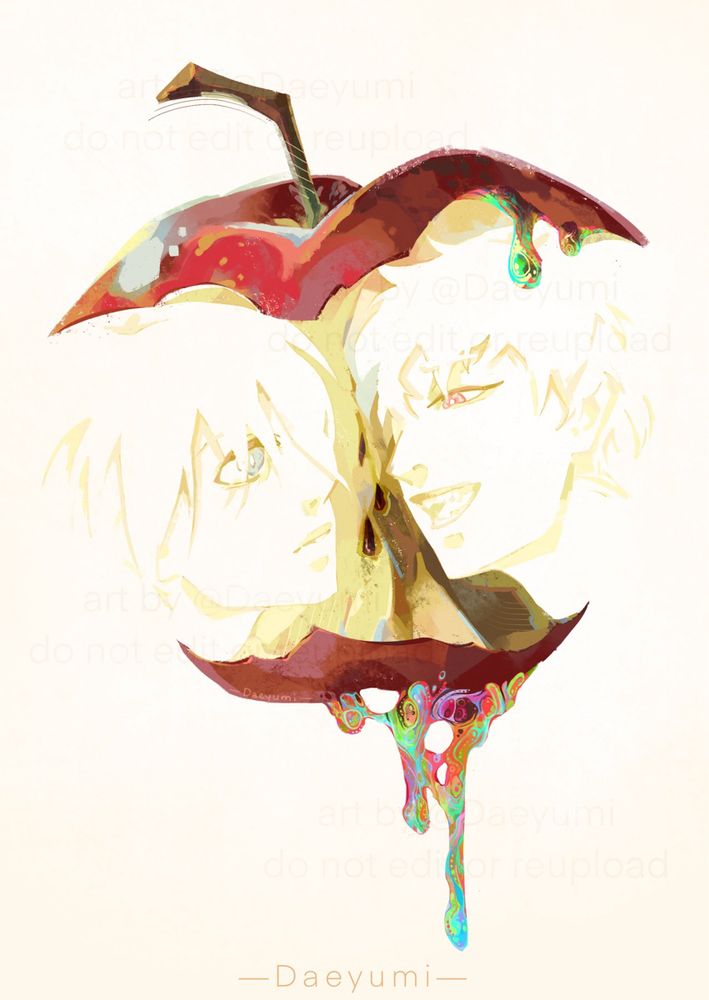 A digital painting of an apple core, depicting a face silhouetted on either side. The characters featured are Yoshiki and Hikaru from anime/manga The Summer Hikaru Died. The apple core rots away closer to Hikaru’s side, dripping violently colored ooze similar to the substance Hikaru himself is comprised of.