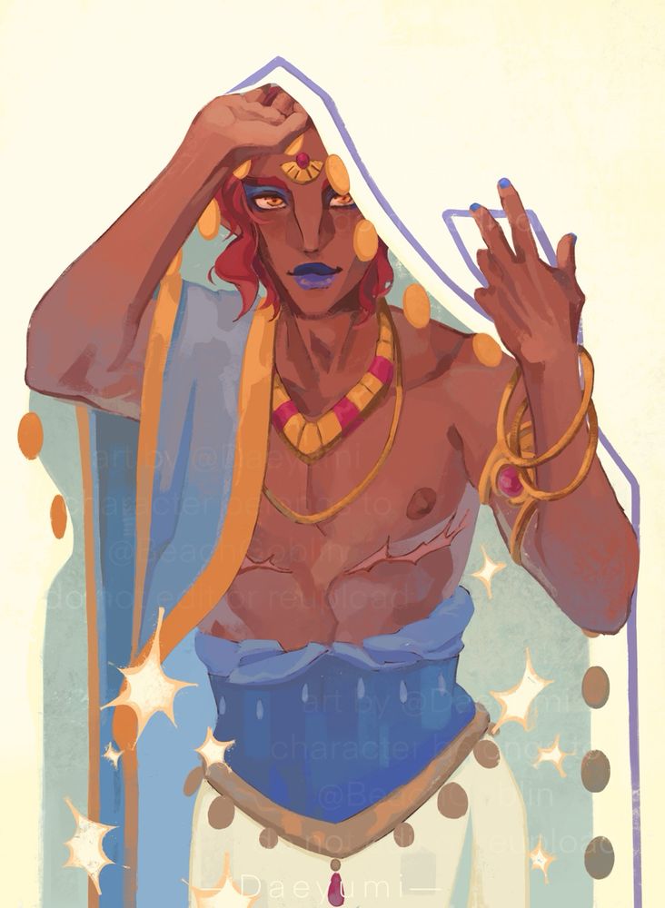 A digital painging of bsky user @/ seagoblin ‘s character. He faces toward the viewer, looking at them with arms raised over his head to support a cloth half draped over his face. The cloth is depicted using only white negative space, and detailed around the edges with a purple stripe and hanging gold coins. The bottom of the piece features irregular white stars overlaid on the image.