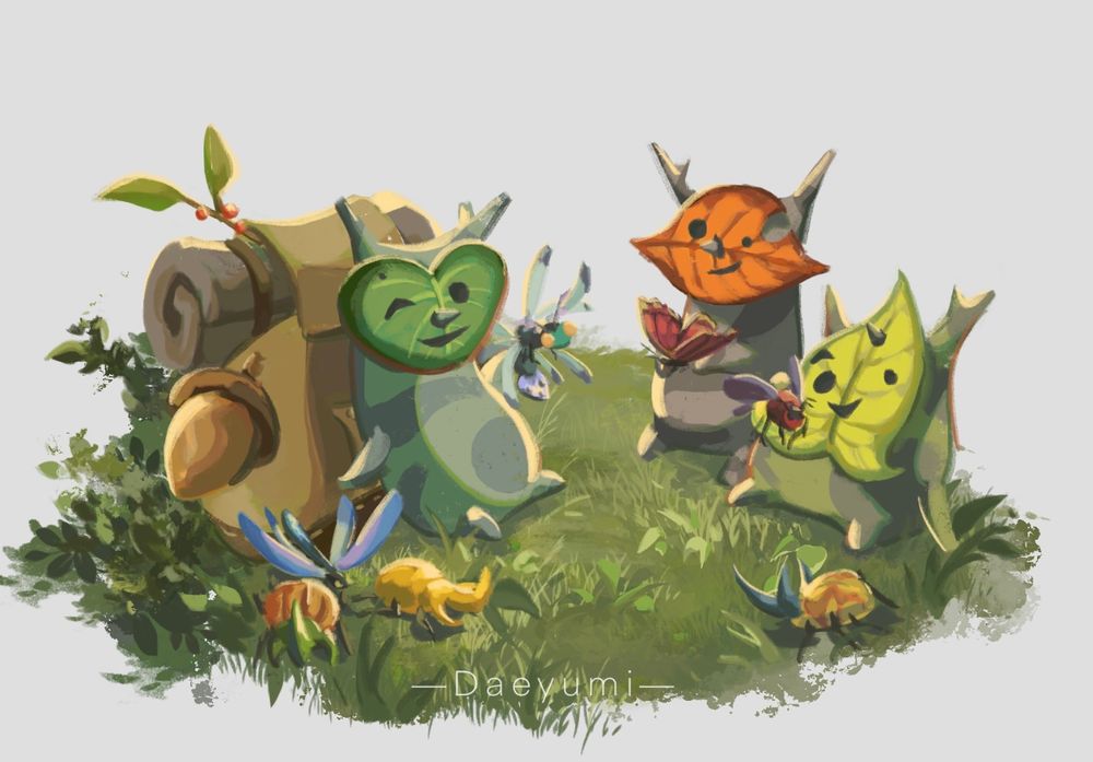 A digital painting of 3 koroks from TotK. They sit facing each other on the grass, and each korok holds a different insect, showing it to the others as in offering a trade. A few other bugs are scattered in the foliage around them.