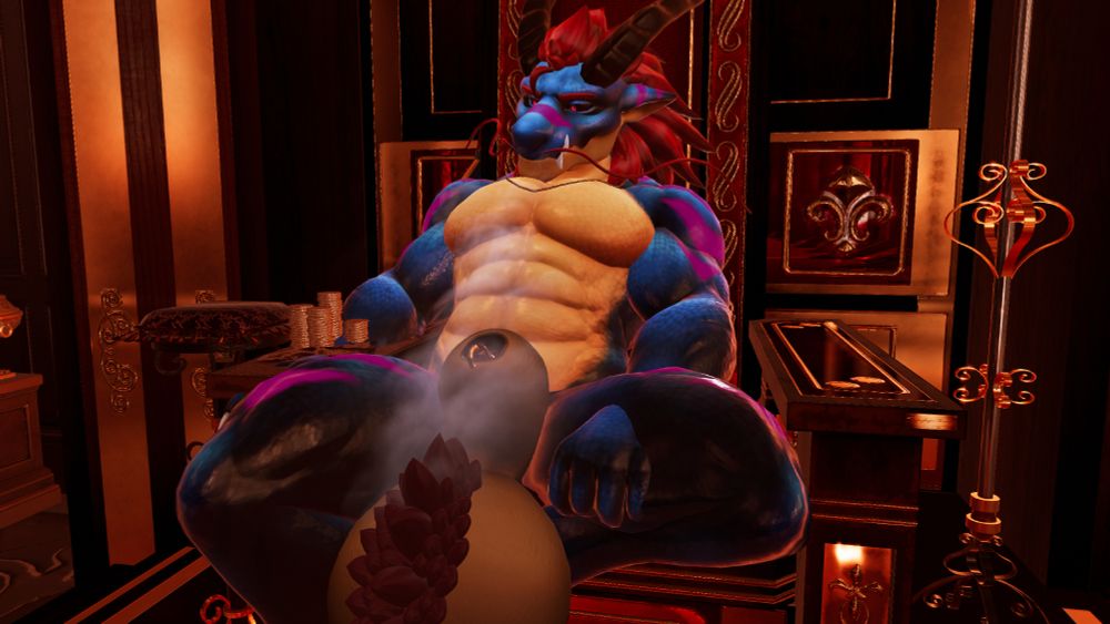 The Knight gasped as he rushed into the throne room. The air thick and heavy with a sweet musky scent as their King has disappeared, The cleric and mage right behind him only to recoil similarly at the sight of the demonic dragon now lazily sitting in a throne that barely fits him. A bored smile on his face, as audible churning and sloshing can be heard from his swollen sack. He faces toward the heroes with a look of amusement 

"So, You were this pathetic King's heroes? Cute, He didn't deserve you." The demon smiles, lightly brushing his pubic fur, causing his heavy sack to slosh once more. Almost chuckling as he sees the horrified look on the three heroes before. 

"Don't worry, I didn't do anything to him that he didn't beg for. In fact. You can have your king back." The demon gives a mischevious smile, his claws brushing against the edge of the sheath as the potent musk overwhelms the trio. "All you have to do is give me a bit of.... Encouragement."  

He leans back as the heroes discuss amongst themselves, Darkly chuckling as his musk and pheremones do its work, Coercing the trio into more... "Favorable negotiations" rather than an outright fight. The Mage is the first to step up, His lightly feminine body approaching the dragon as the musk gets heavier and heavier, The pheremones coursing through his veins as the mage's body heats up. instinctually throwing off his robes as he approaches and falls to his knees in a submissive display as the knight and cleric gasp from the far end of the throne room. What was originally supposed to be a spell on the dragon to free the king from his prison, has now become needy worship of the demonic dragon's form. Rushing in, The Knight and cleric are overwhelmed by the potent musk, similarly dropping to their knees, desperately shedding off clothes and armor. A burning need to strip, To service, To worship their new Lord.