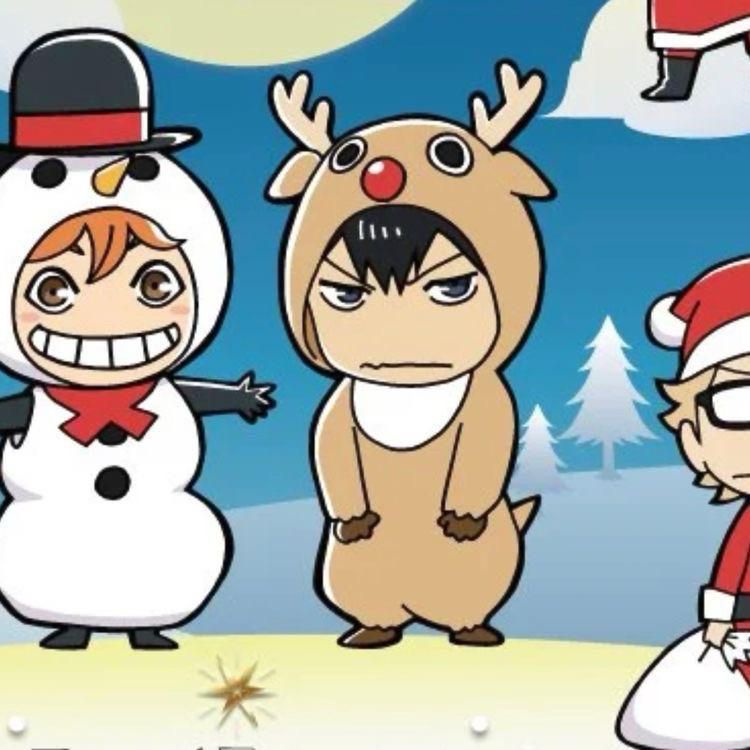 Official Haikyuu Art of Hinata and Kageyama in snowman and reindeer onesies.