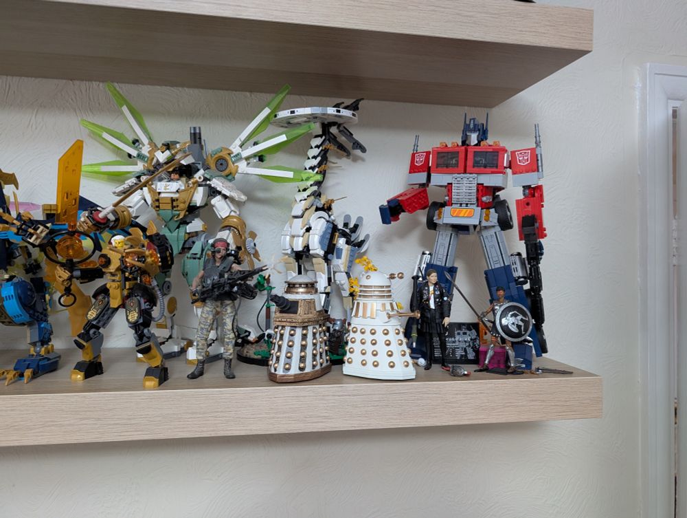 Shelf of geek stuff including Daleks, Ace, Lego sets and Vasquez 