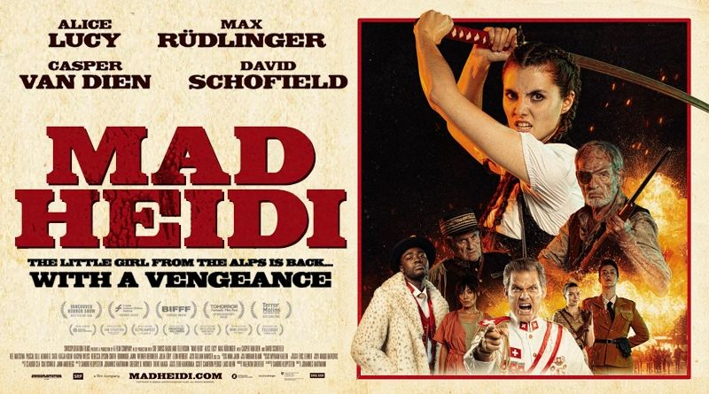 Banner des Filmes Mad Heidi. In dieser Slasher Adaption der Heidi Geschichte kämpft die Protagonistin gegen ein faschistisches Käse-Regime.