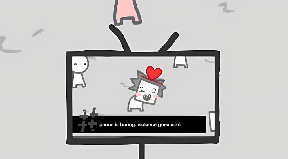 some tv news satire draw saying: "peace is boring, violence goes viral"