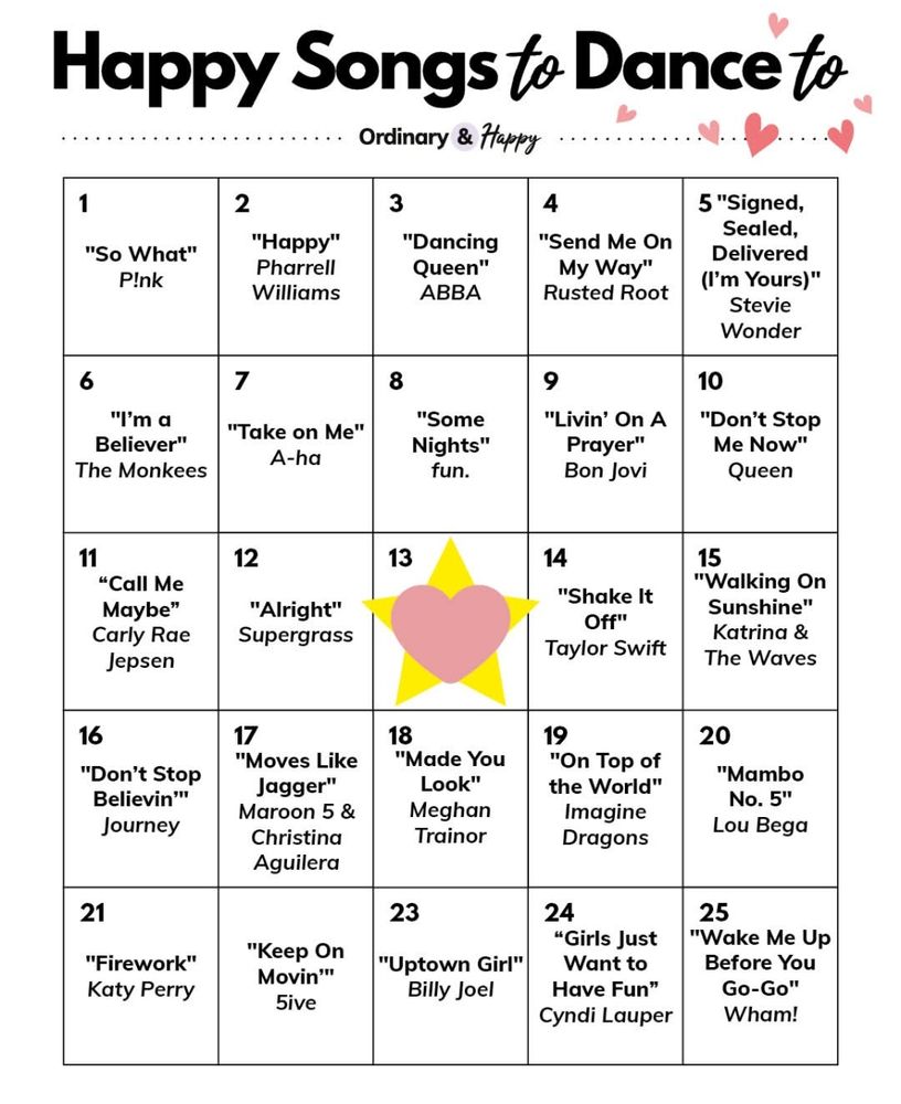 Happy Songs to Dance to in a five by five square.
