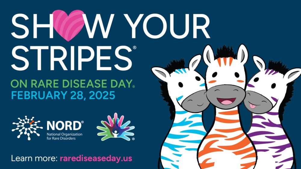 Show your stripes on rare disease day February 28, 2025 NORD. 3 zebras with different colored stripes. One has blue stripes, one has orange stripes, and one has purple stripes. 