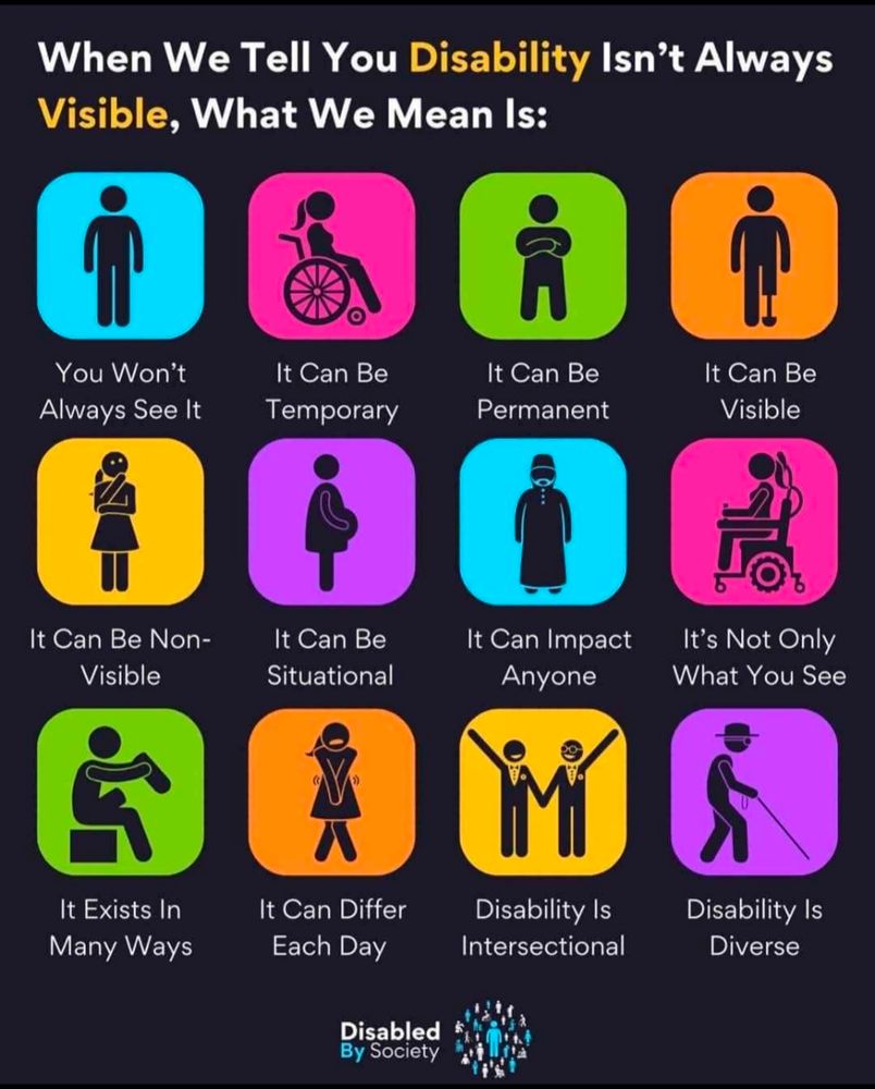 When we tell you Disability isn't always Visible, what we mean is: you won't always see it. It can be temporary. It can be permanent. It can be visible. It can be non-visible. It can be situational. It can impact anyone. It's not only what you see. It exists in many ways. It can differ each day. Disability is intersectional. Disability is diverse.