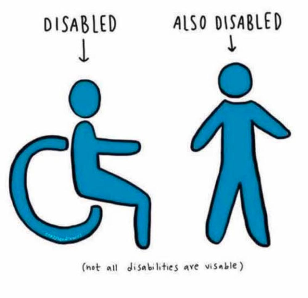 A symbol of a person using a wheelchair with Disabled written above and a symbol of a human body with Also Disabled written above it. Below in parentheses is Not all disabilities are visible