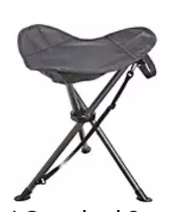 A black fabric tripod stool with carrying atrap