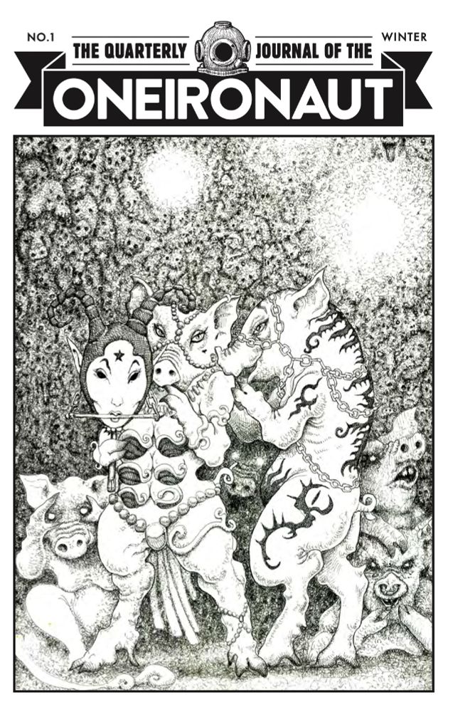 An image of the cover of The Oneironaut #1, featuring an illustration by Huargo of whispering white swine, holding up a theater mask. 