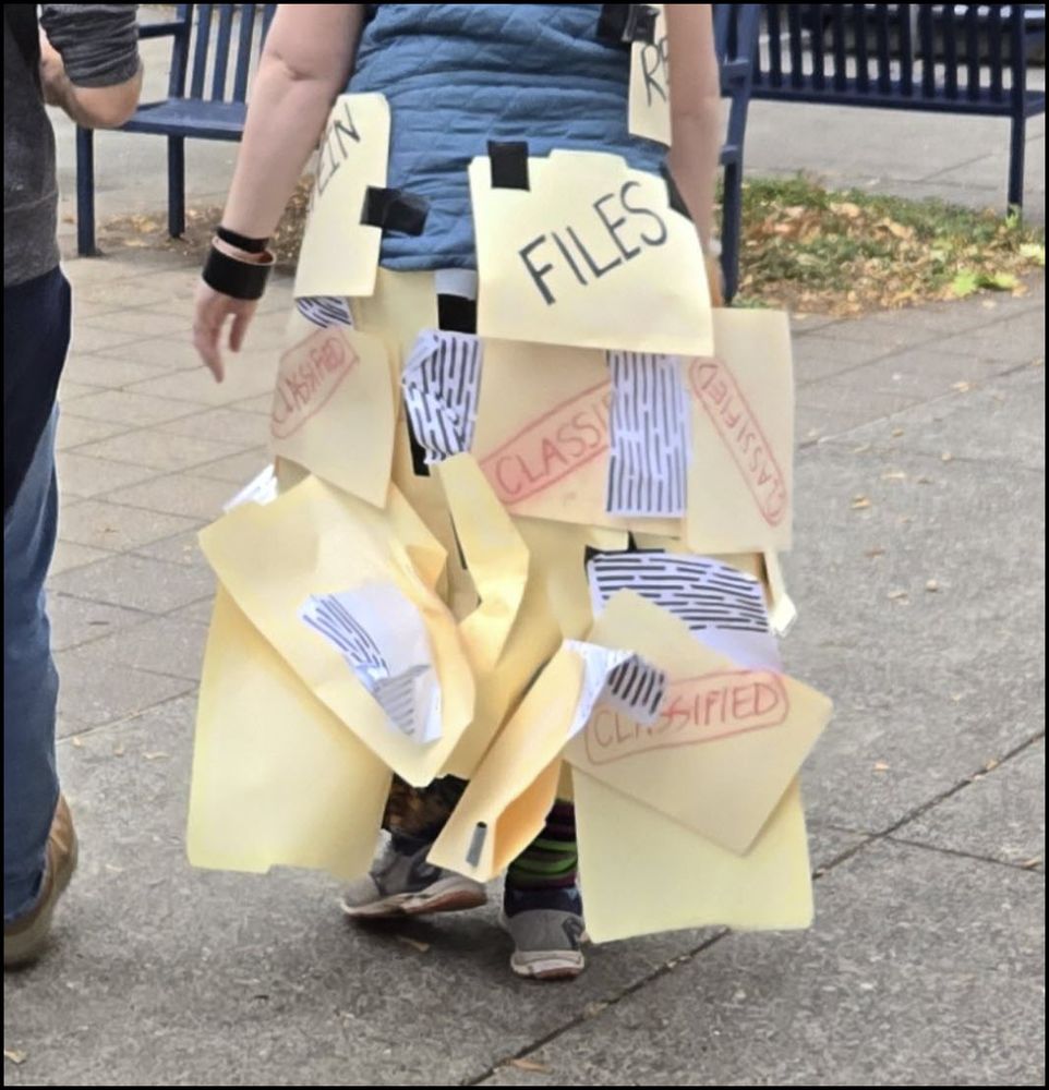 Taken from behind, a person at the No Kings protest in Portland, Oregon, wearing file folders arranged as if they were a skirt. Some folders are marked 'classified' while others appear to be ripped open and show documents inside. All together, they are intended to be a costume of the Epstein files. 