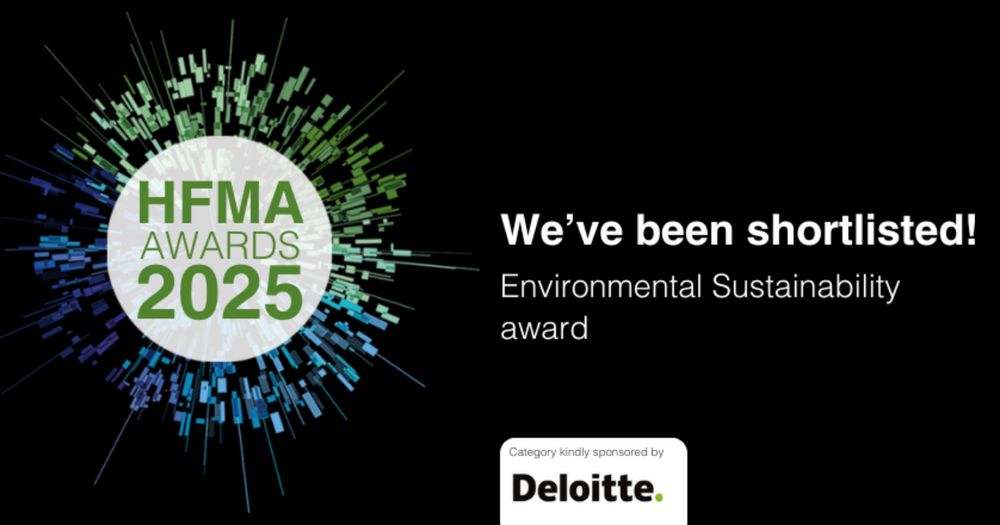 Image announcing HFMA Awards 2025 shortlist for Environmental Sustainability, sponsored by Deloitte. Colorful graphic background.