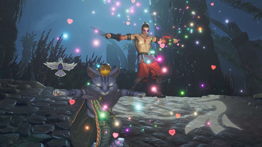 Heart shaped sparkles surround a dancing hunter and palico in monster hunter wilds