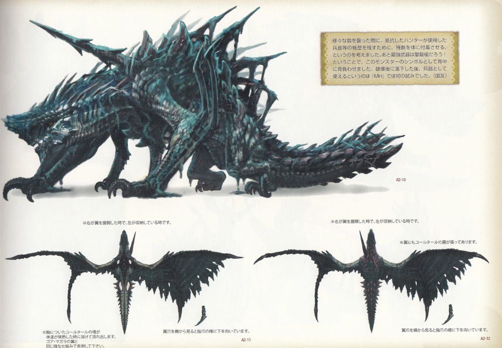 Gogmazios concept art from Monster Hunter Illustrations 3 / モンスターハンターイラストレーションズ 3
First image is a profile view of an oily black dragon.
Two images show details of the wing structure from above and below.