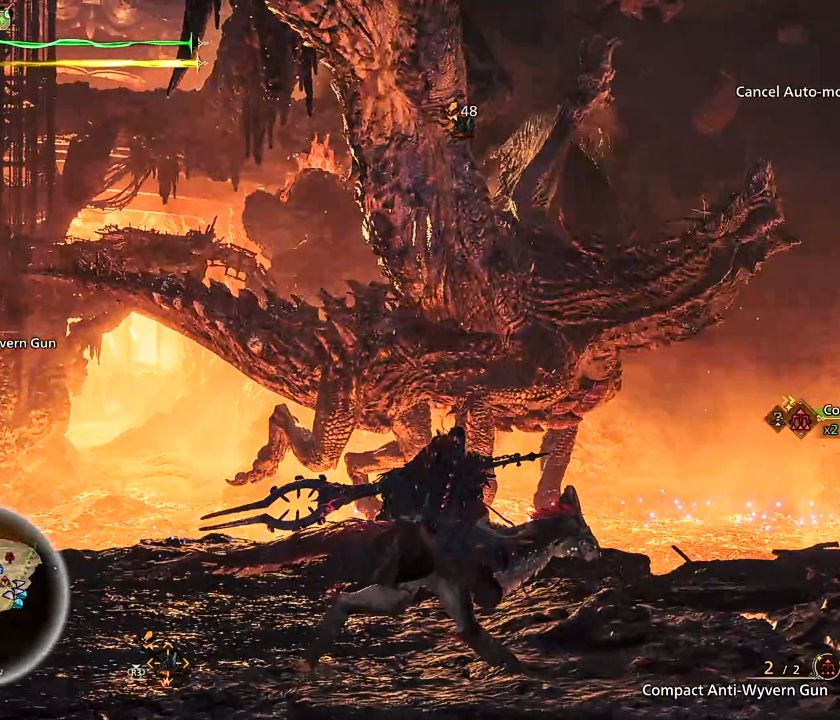 In the background is Gogmazios flying over a pool of lava. In the foreground is a hunter with a Gogmazios lance riding a seikret 