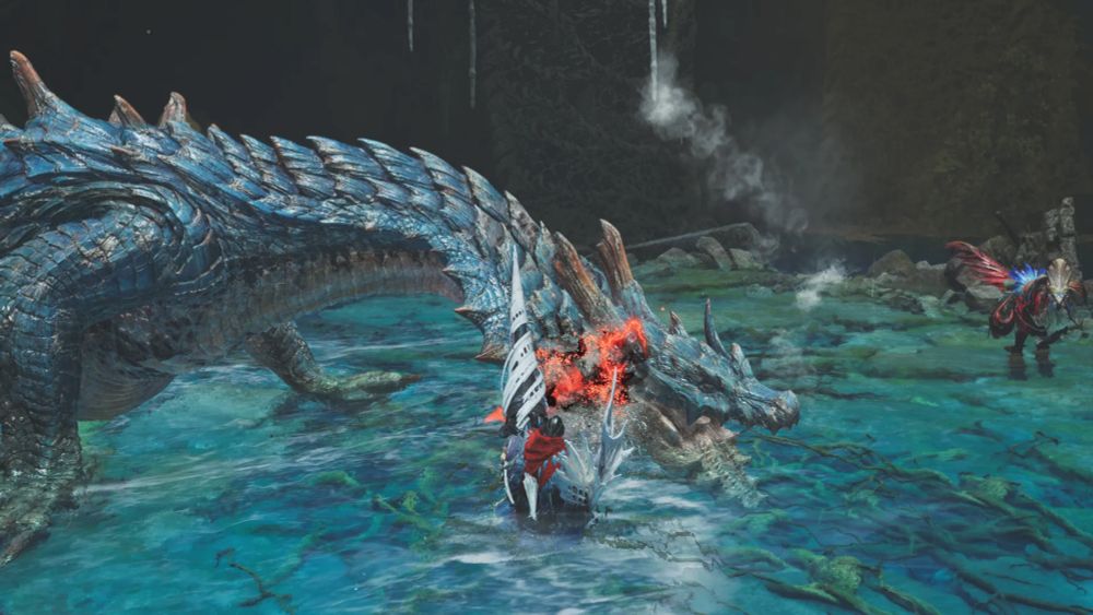 A hunter with zoh shia lance finishing a fight with lagiacrus in monster hunter wilds