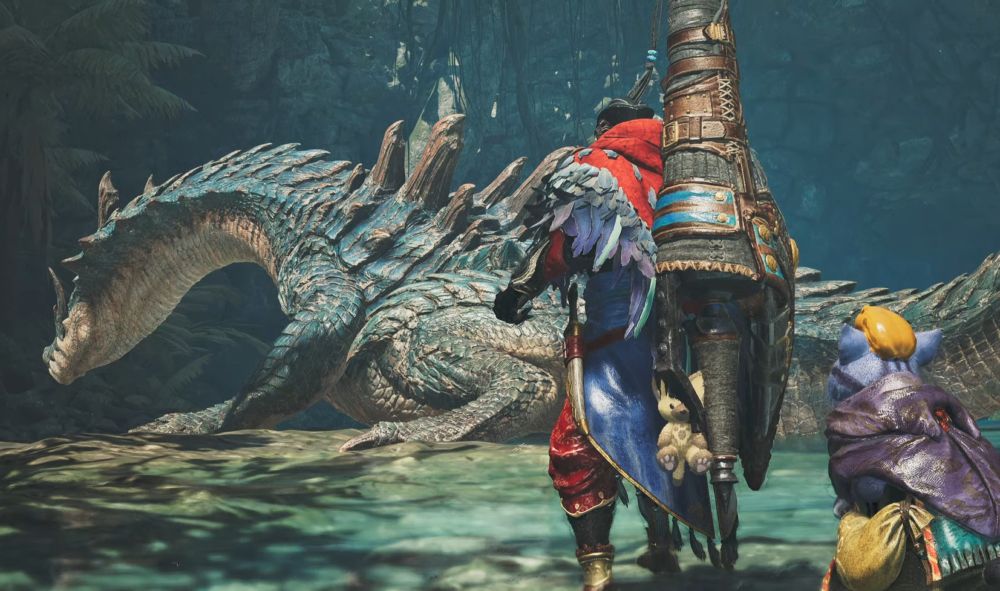 A hunter and palico approach an unaware Lagiacrus in Monster Hunter Wilds