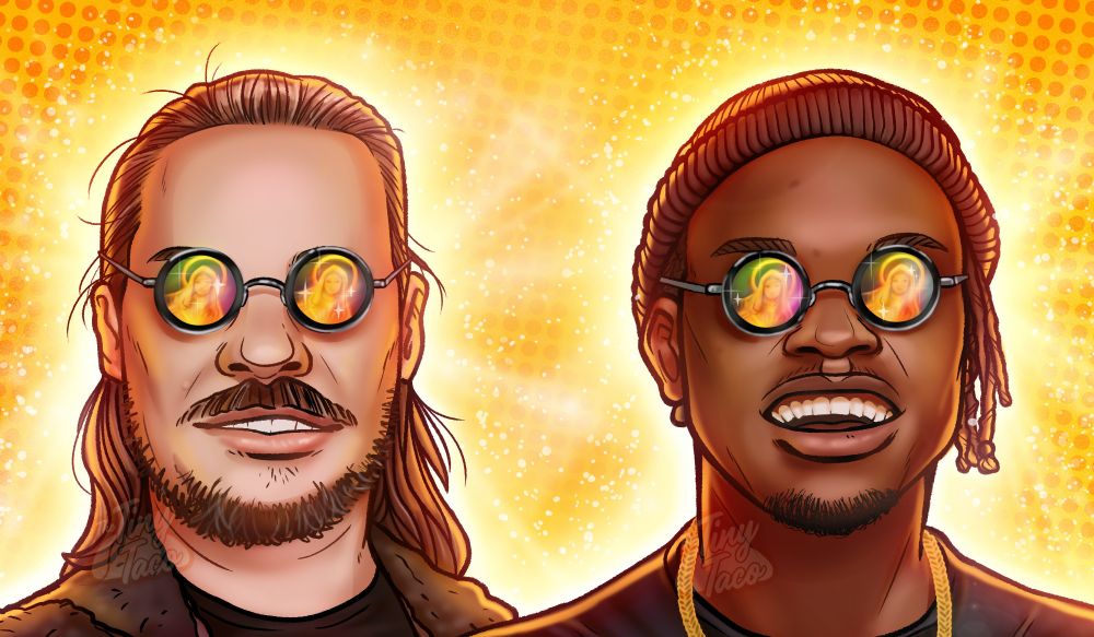 Arin and Ify wear mother Mary glasses over a background of orange.