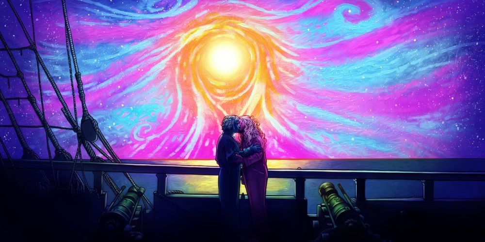 Fan art of Stede Bonnebt and Ed Teach kissing under the moonlight from season 2. The sky has a gradient hue of blues, purples, pinks, and yellow wherr the moon/sun shine in the middle. The style is similar to vincent van gogh. The ship has blues and green highlights. Stede has blue hues while Ed has purple and pinks.