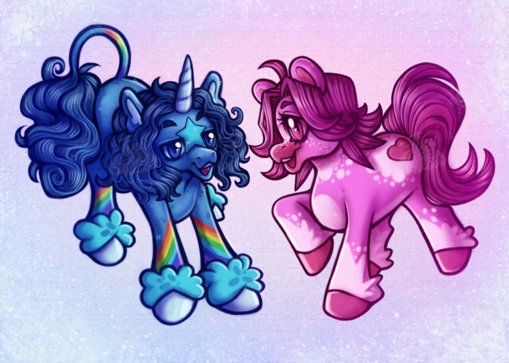 Dan and Arin from game grumps are drawn as magical ponies with a soft textured background.
Dan on the left is painted as a blue rainbow unicorn with poofy hooves, star on his face, and long flowy hair.
Arin on the right is paint3d as a pink horse with white spots and pointed furry hooves. There is also a heart on his hip. 
