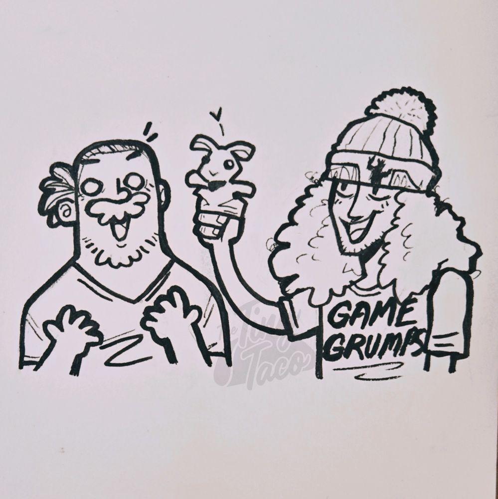 A traditional drawing in ink on a sketch pad of Arin hanson and Dan Avidan from the grumps - Arin on the left with awe and shock with Dan on the right holding a rabbit puppet. Dan looks happy with a game grumps shirt on and hat.