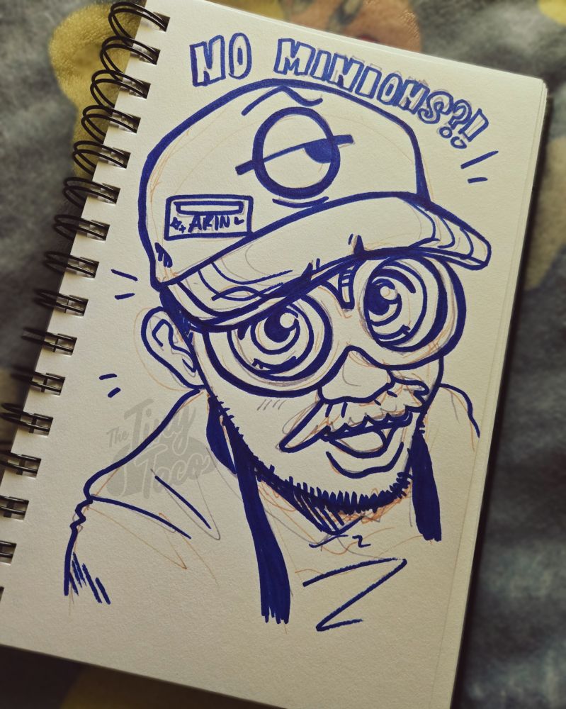Arin hanson wearing a minion hat and goggles looking up saying "no minions" 